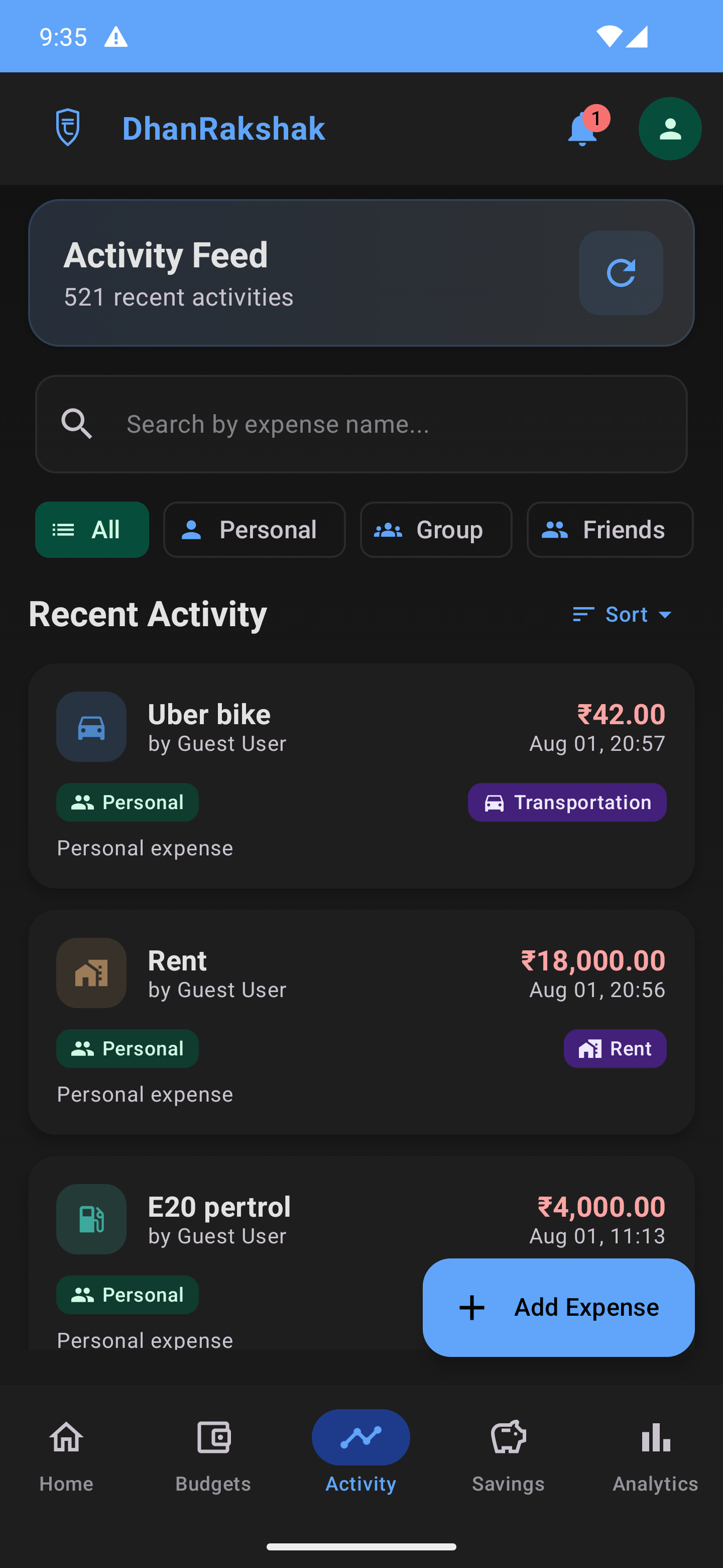 DhanRakshak Activity Feed - Dark Mode