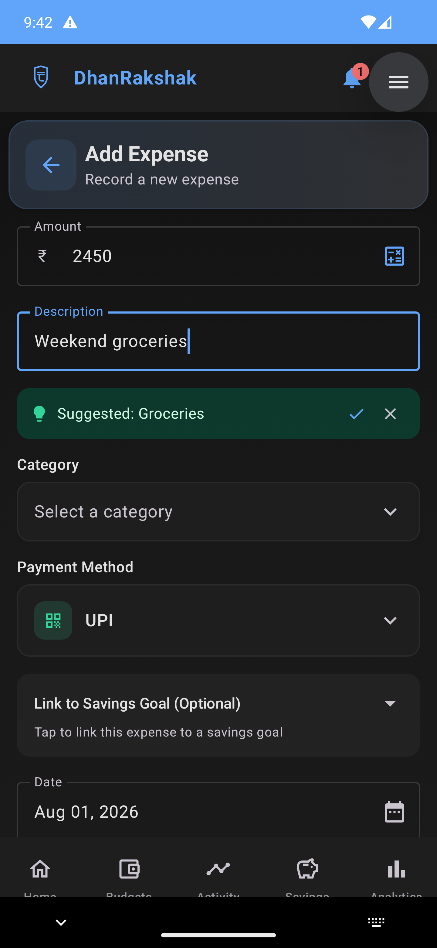 DhanRakshak Quick Expense - Dark Mode
