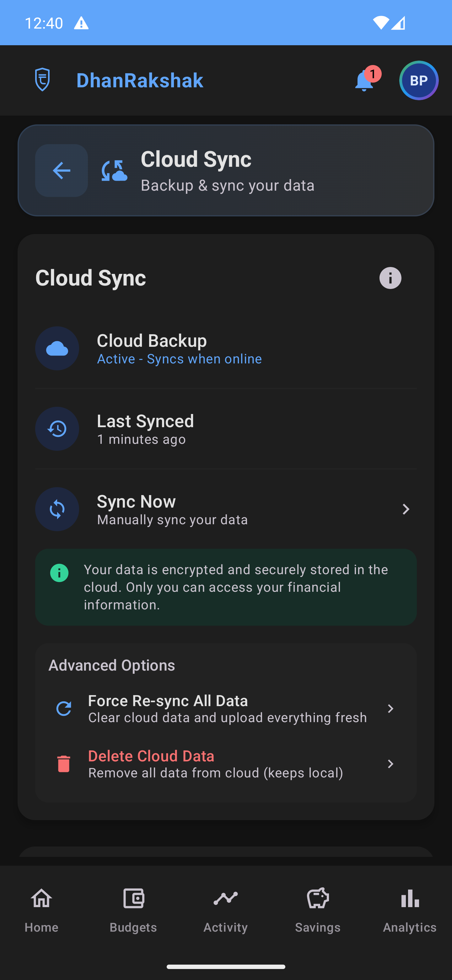 DhanRakshak Active Cloud Backup - Dark Mode