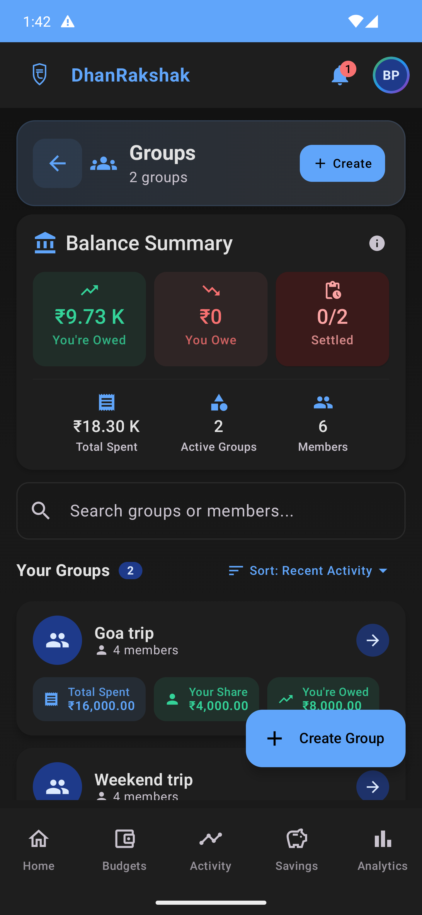DhanRakshak Group Expenses - Dark Mode