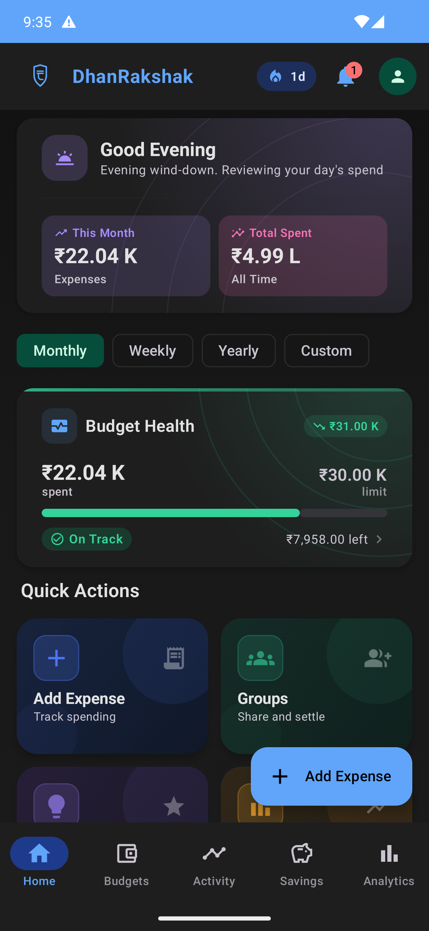 DhanRakshak home dashboard