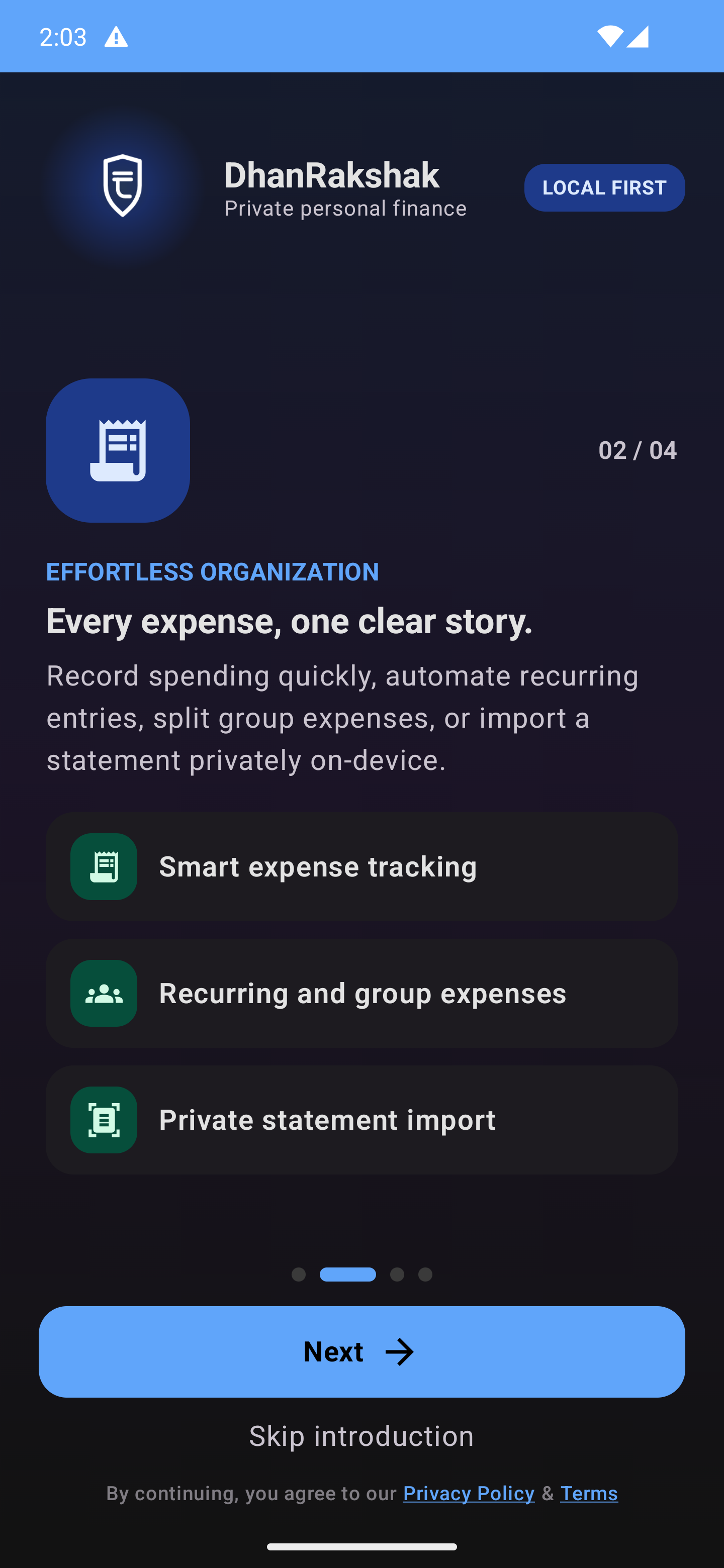 DhanRakshak Every Expense, Organized - Dark Mode