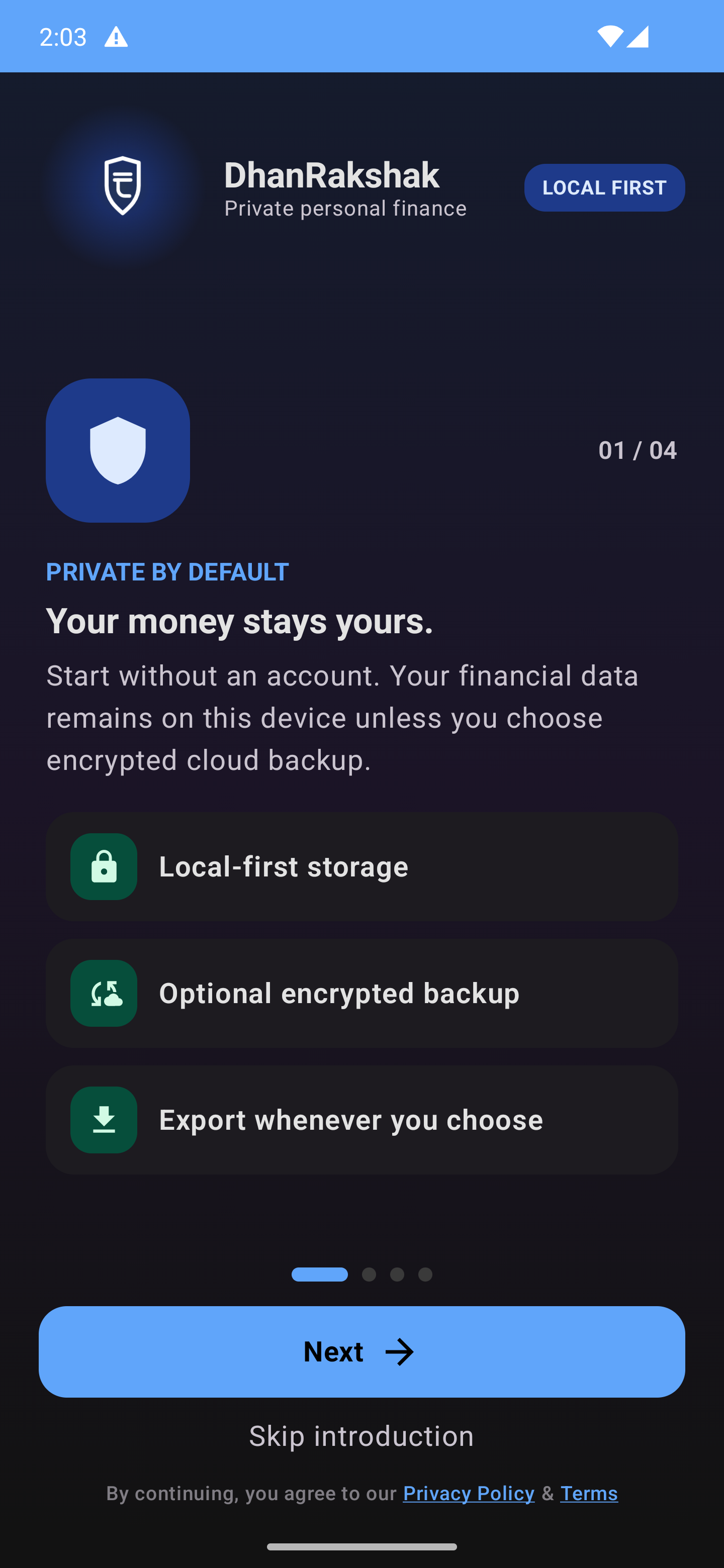 DhanRakshak Private from the Start - Dark Mode