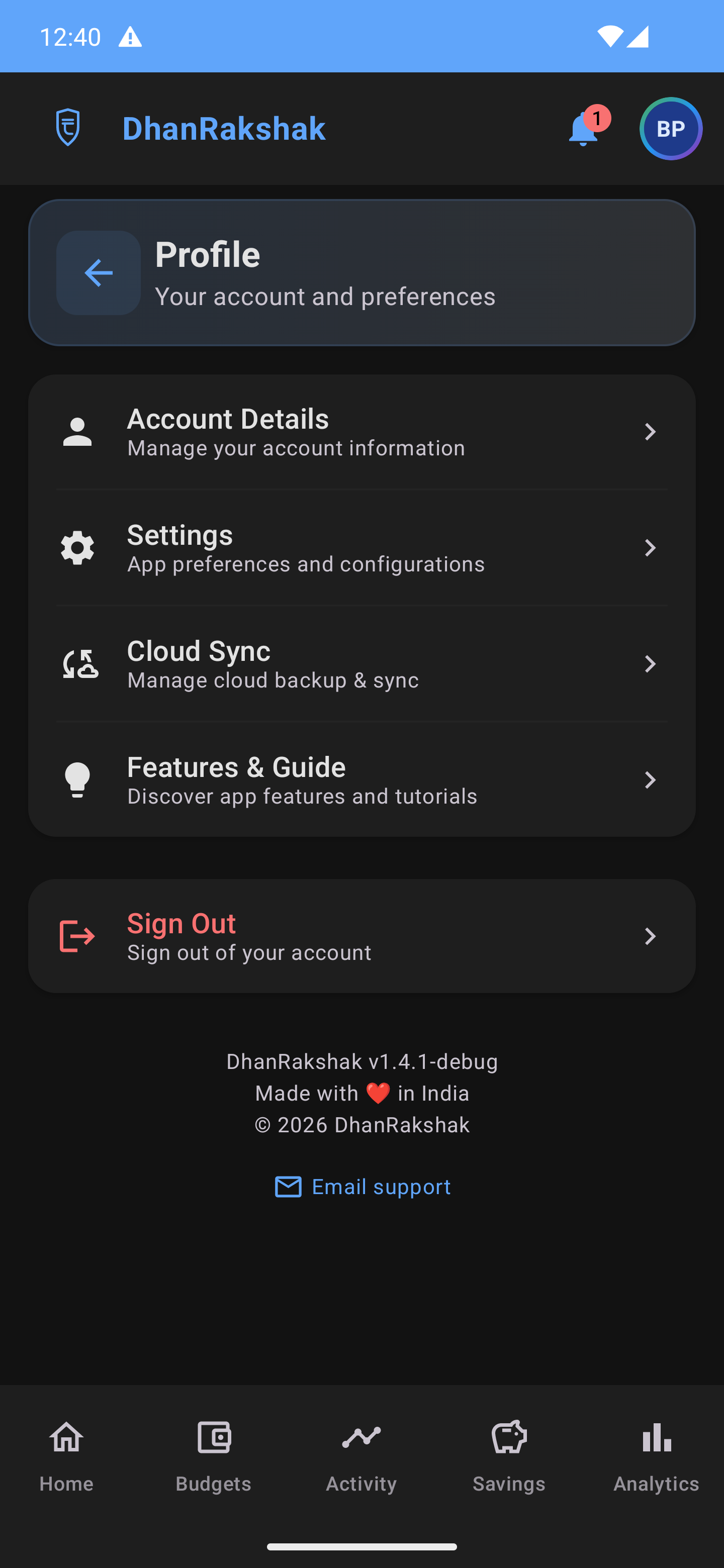 DhanRakshak Account & Profile - Dark Mode