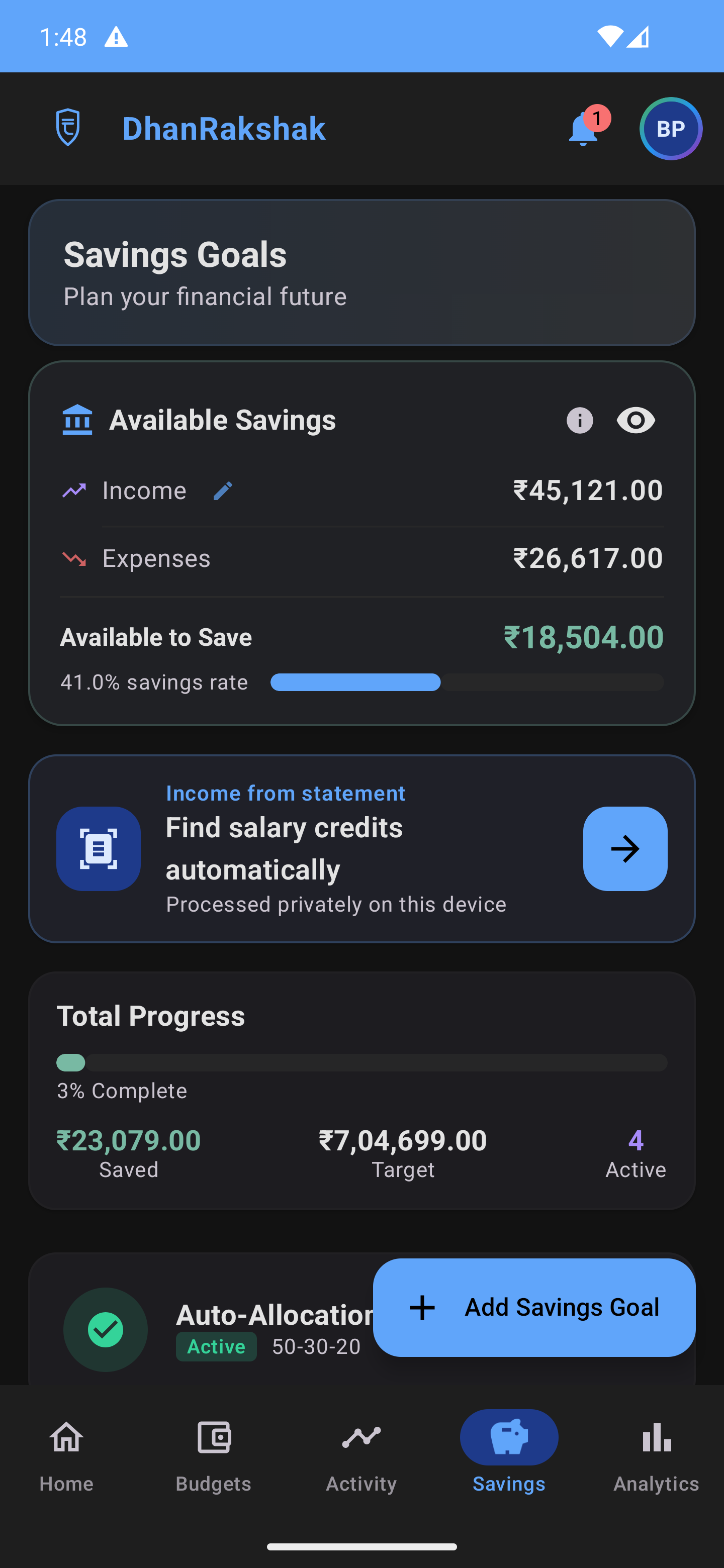 DhanRakshak Savings Goals - Dark Mode