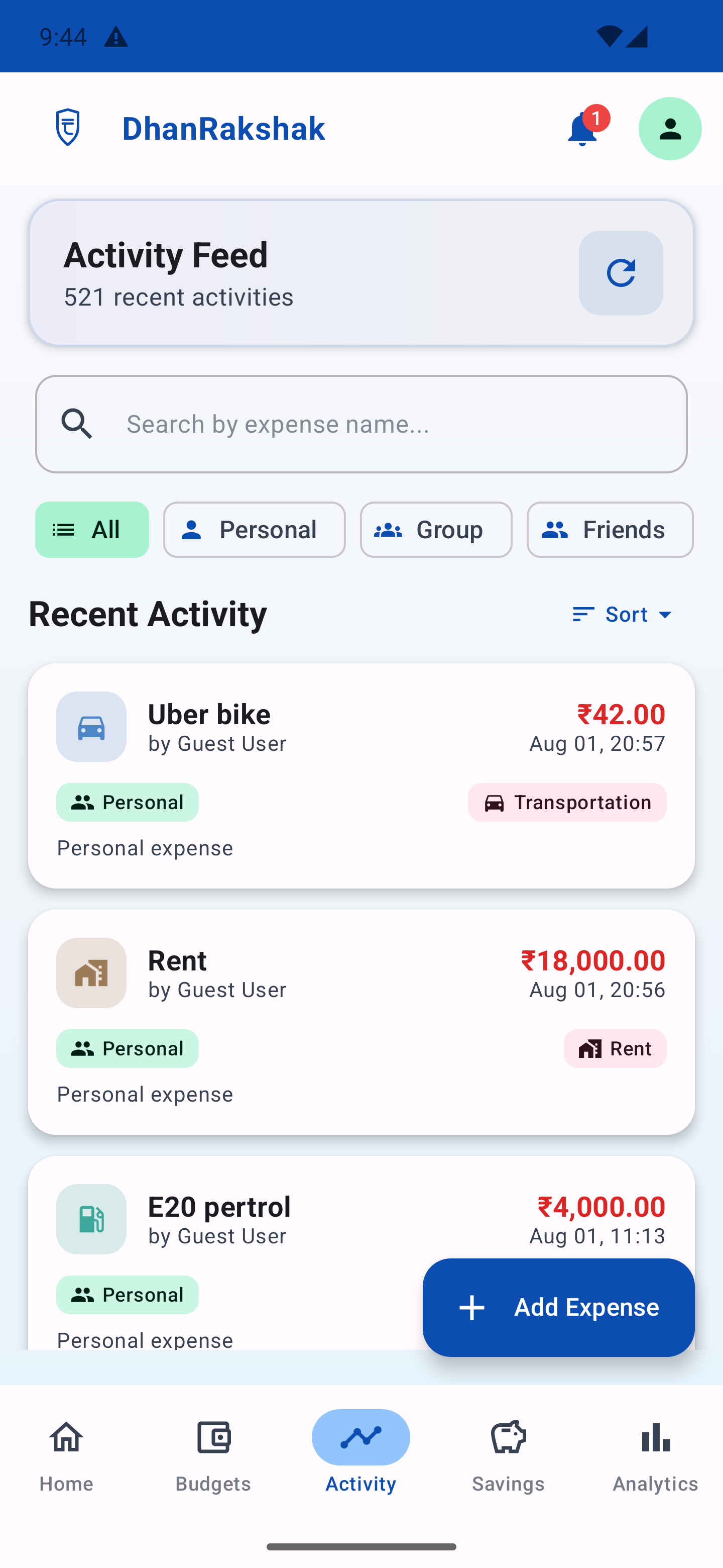 DhanRakshak Activity Feed - Light Mode